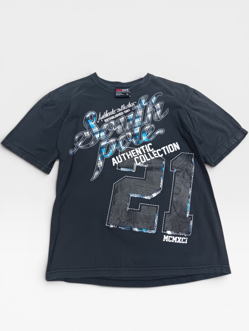 Y2k South Pole Black Graphic '21' Tee with Blue Accents Size L